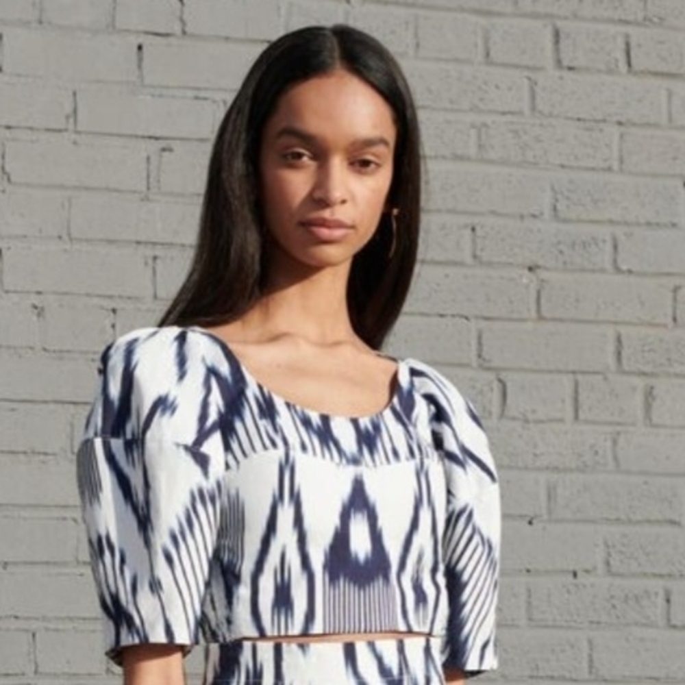 Navy and White Patterned Women's Top